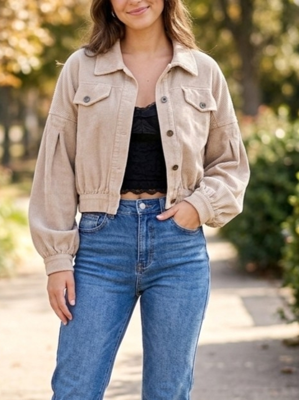 ​SHE + SKY Beige Corduroy Cropped Jacket Balloon Puff Sleeves Boho Medium M